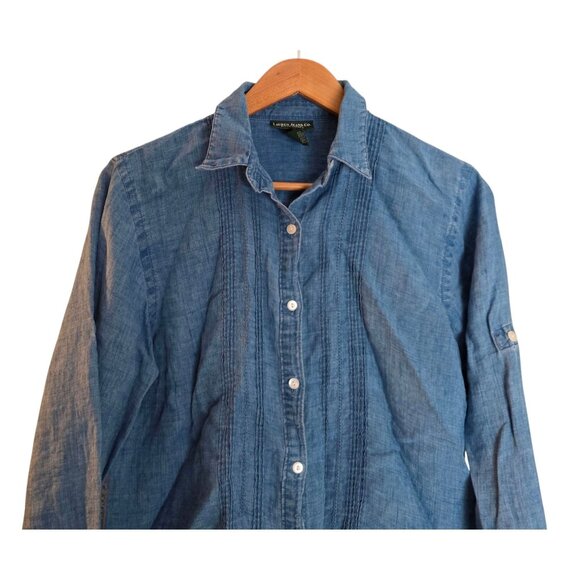 Women's - Lauren Jeans Co. Blue Linen Button Down Shirt, Size Medium - Picture 3 of 6
